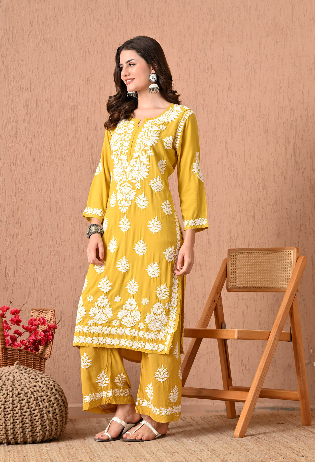 Hand Embroidered Chikankari Plazo Set with 3d Work-Mango yellow