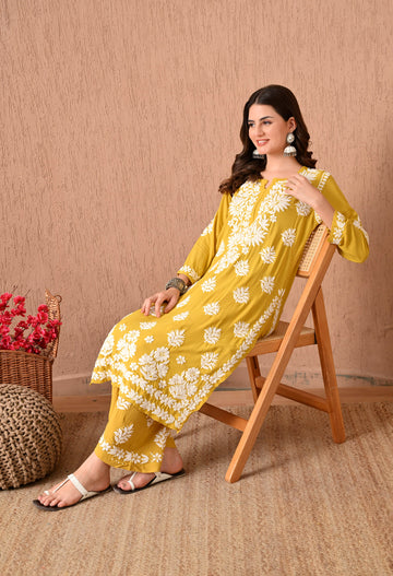 Hand Embroidered Chikankari Plazo Set with 3d Work-Mango yellow