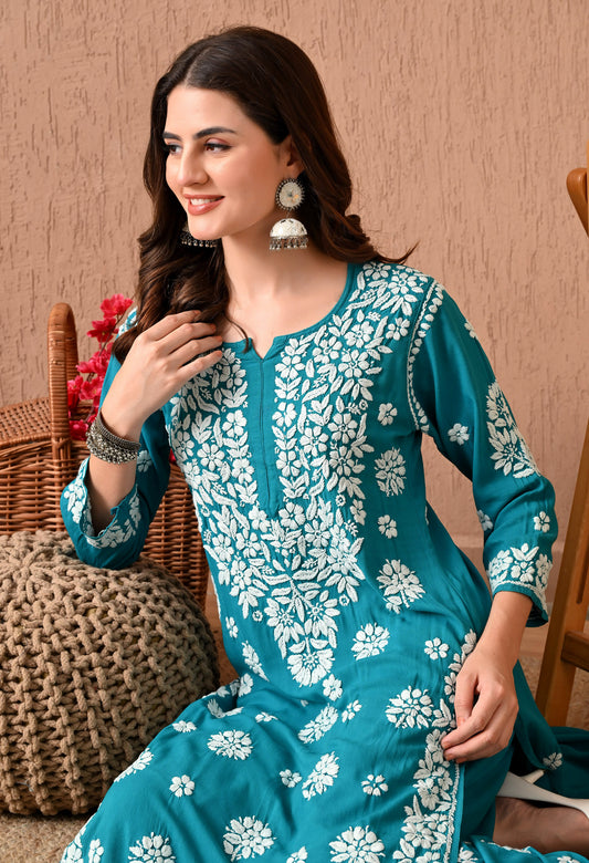 Hand Embroidered Chikankari 3d Work Plazo Set