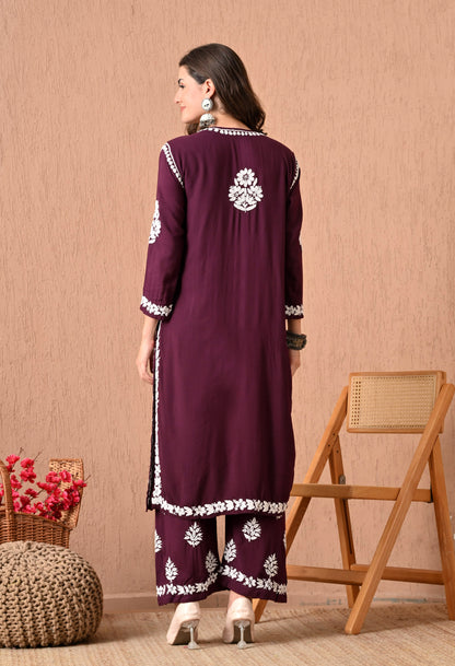 Hand Embroidered Chikankari Plazo Set 3d Work- Wine