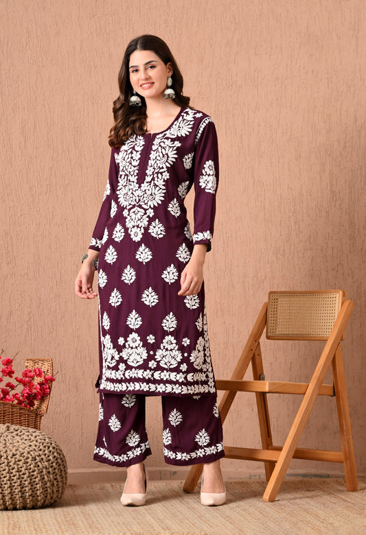 Hand Embroidered Chikankari Plazo Set 3d Work- Wine