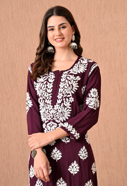 Hand Embroidered Chikankari Plazo Set 3d Work- Wine