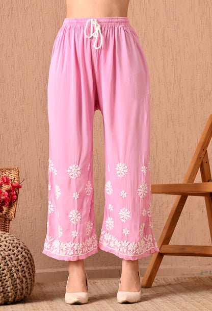 Hand Embroidered Chikankari  Plazo Set 3d Work- Pink