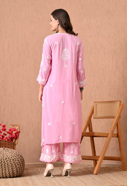 Hand Embroidered Chikankari  Plazo Set 3d Work- Pink