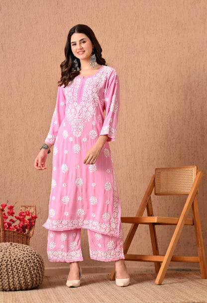 Hand Embroidered Chikankari  Plazo Set 3d Work- Pink