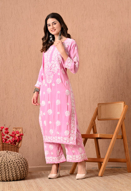 Hand Embroidered Chikankari  Plazo Set 3d Work- Pink