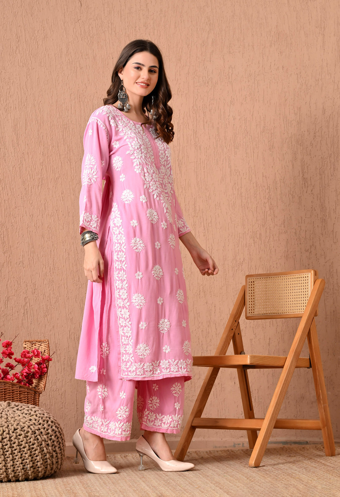 Hand Embroidered Chikankari  Plazo Set 3d Work- Pink