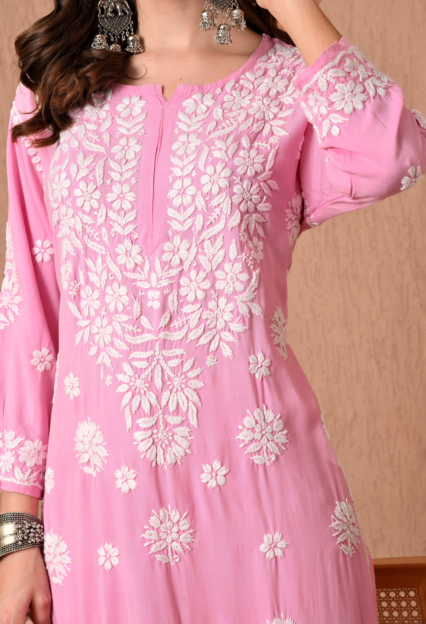 Hand Embroidered Chikankari  Plazo Set 3d Work- Pink