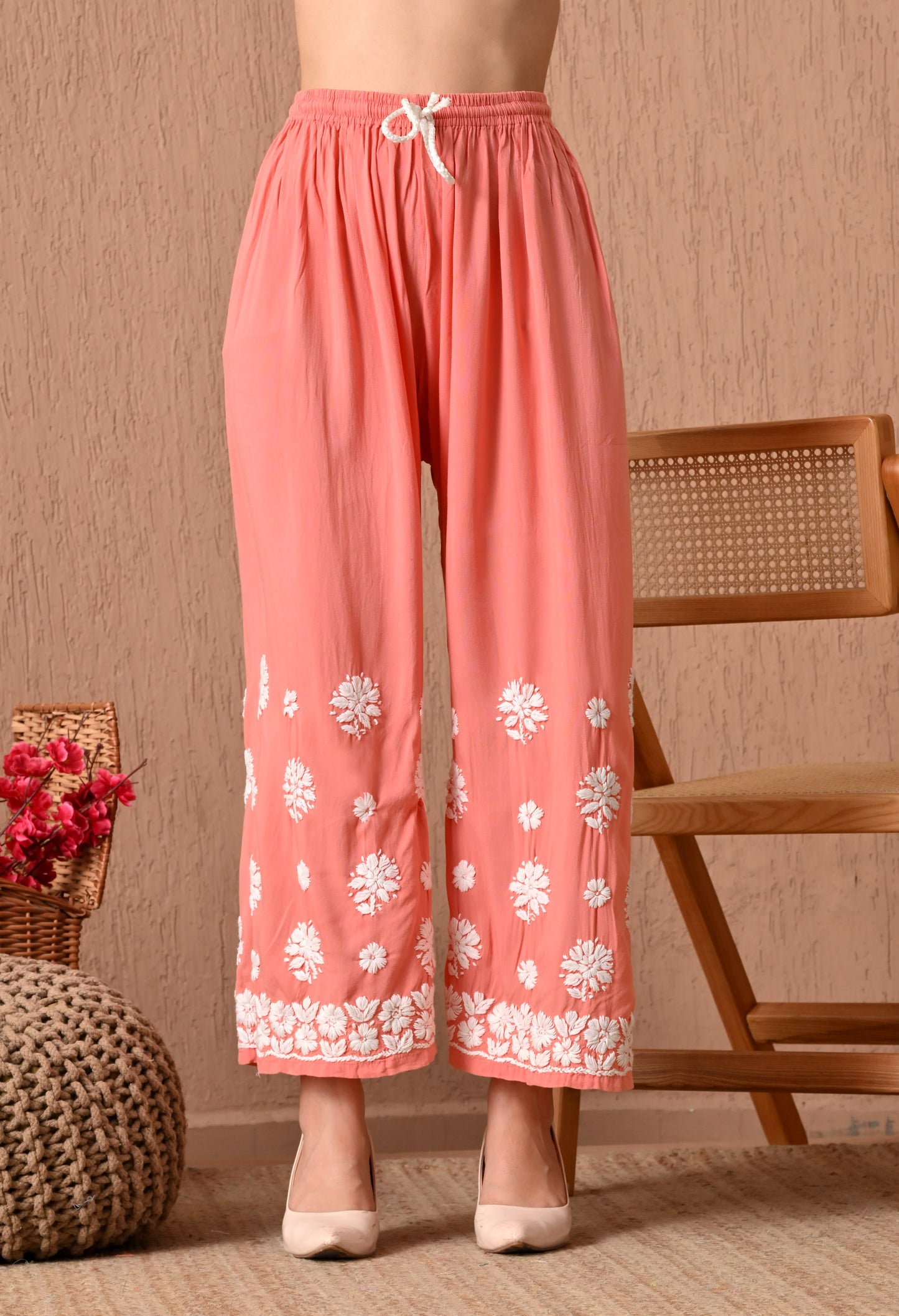 Hand Embroidered Chikankari Plazo Set 3d Work- Peach