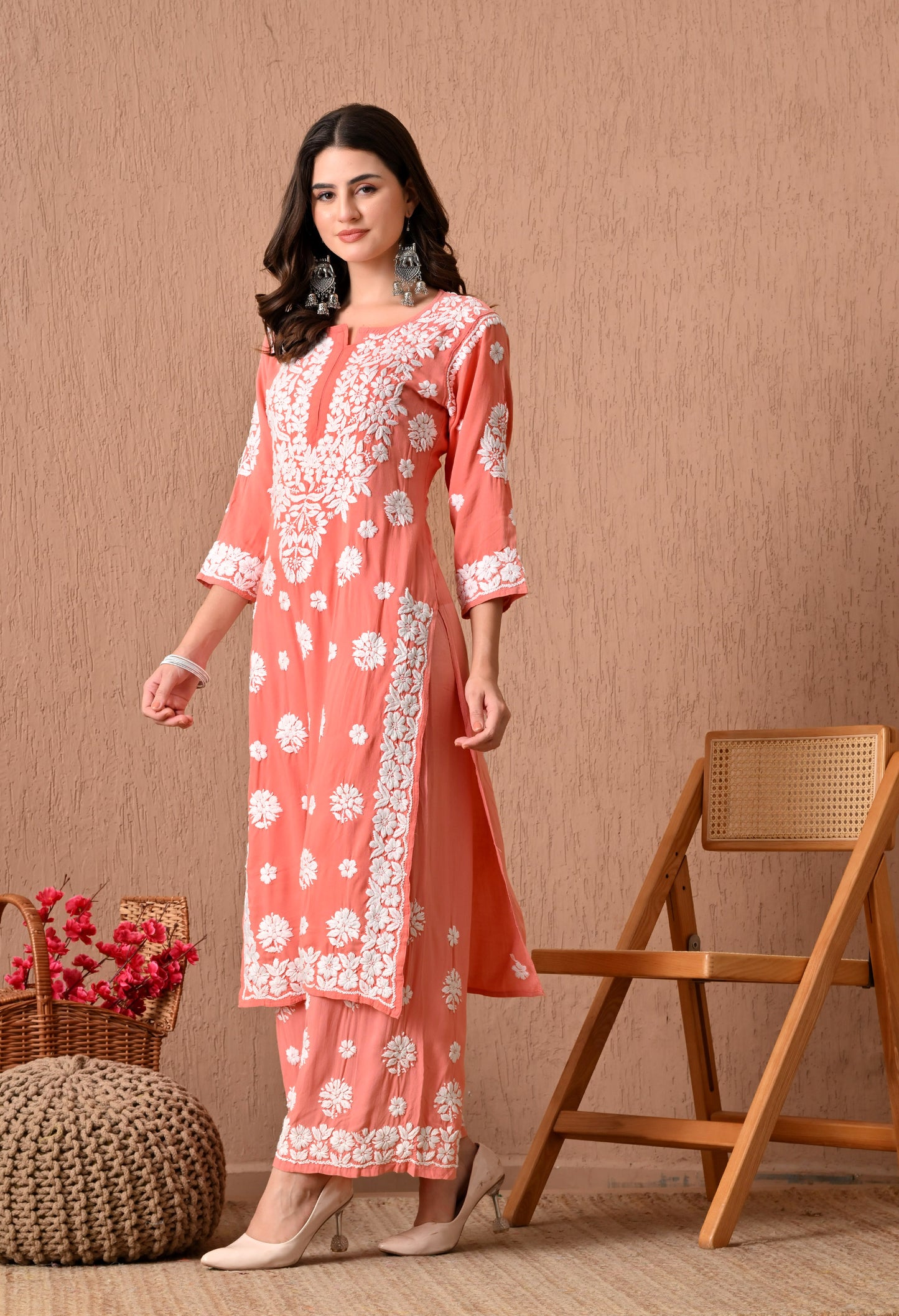 Hand Embroidered Chikankari Plazo Set 3d Work- Peach