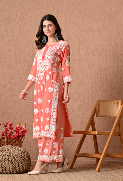 Hand Embroidered Chikankari Plazo Set 3d Work- Peach
