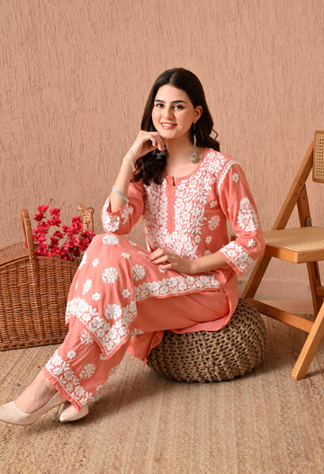 Hand Embroidered Chikankari Plazo Set 3d Work- Peach