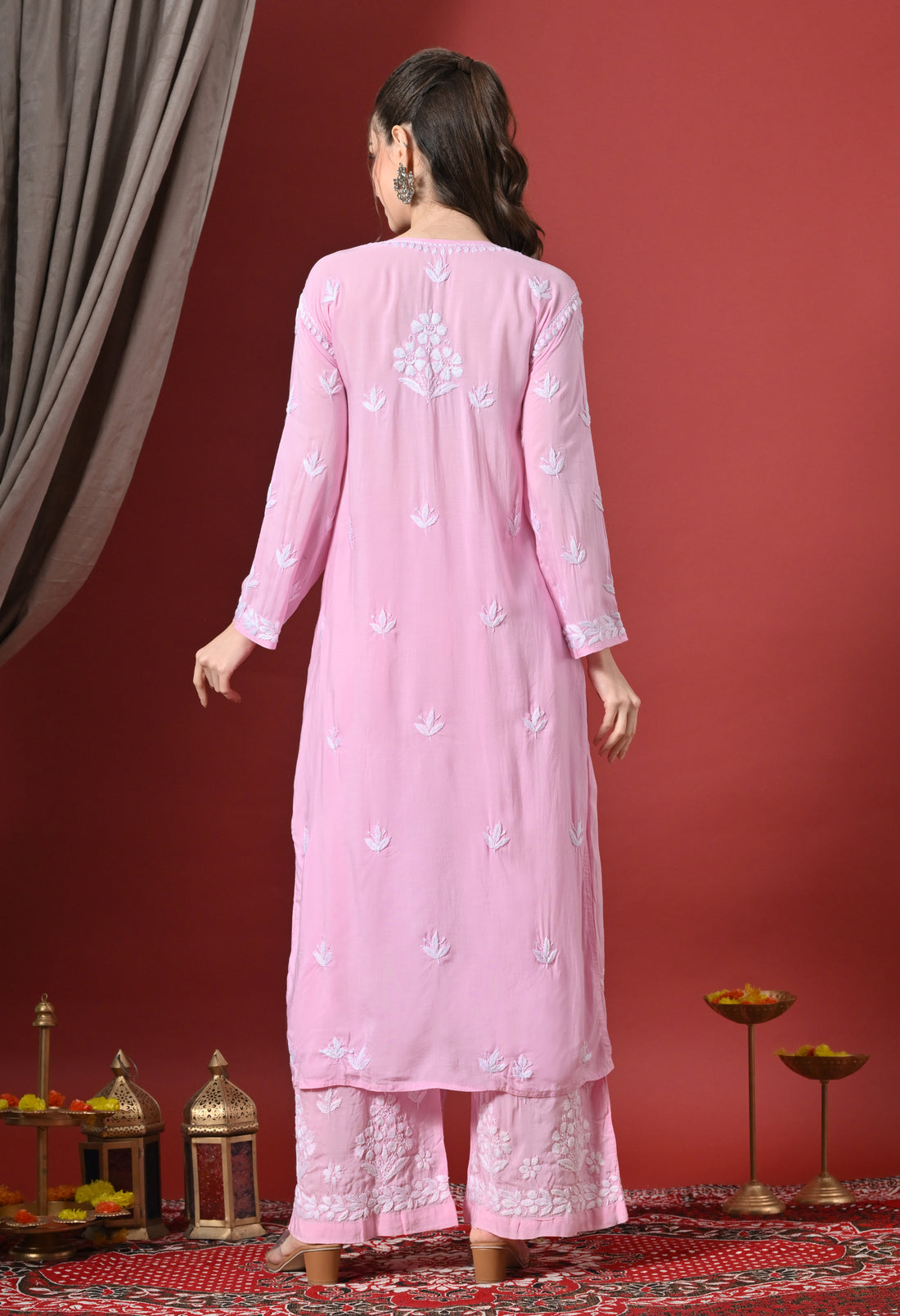 Premium Modal Chikankari Embroidered Set - Pink