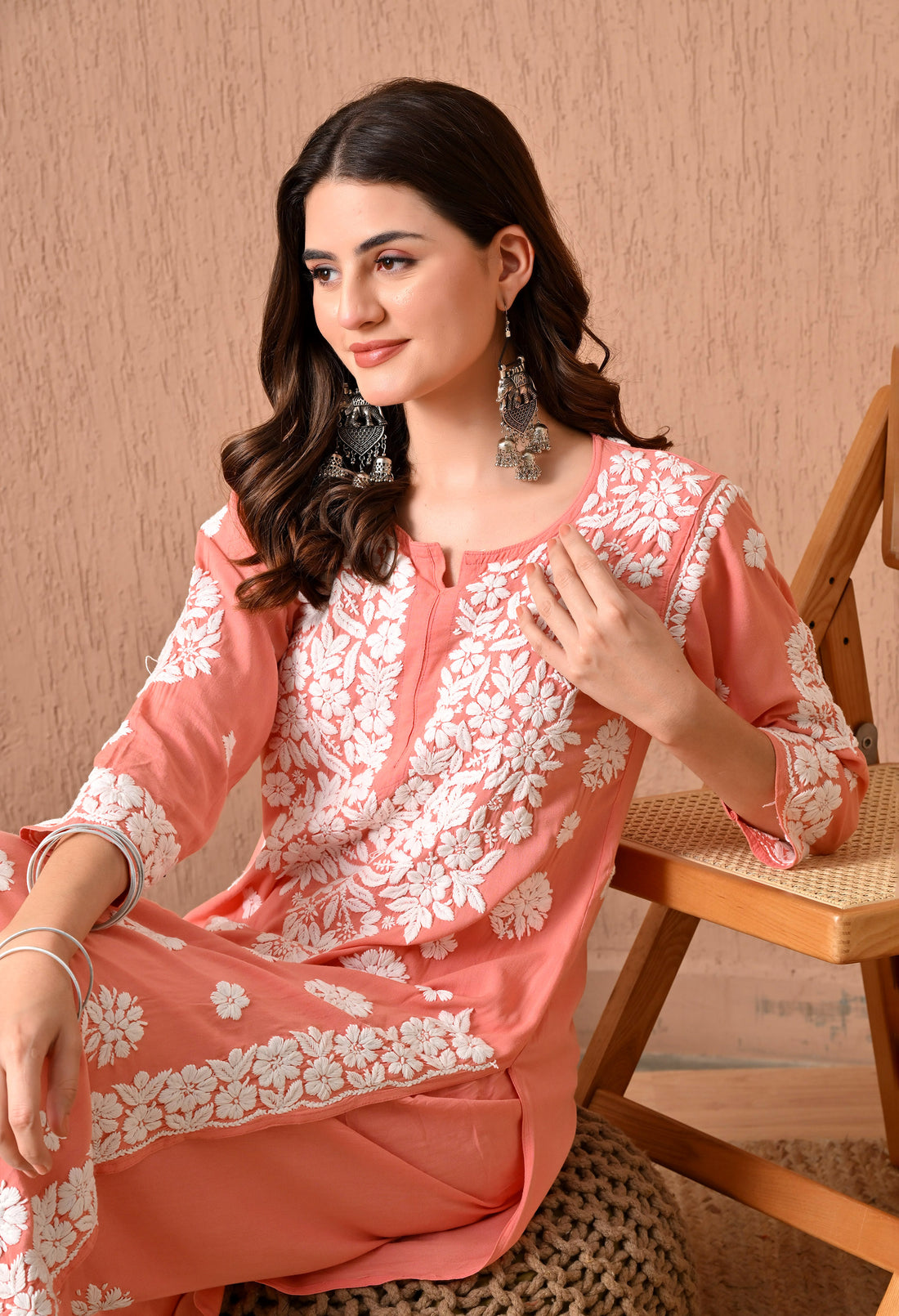 Hand Embroidered Chikankari Plazo Set 3d Work- Peach