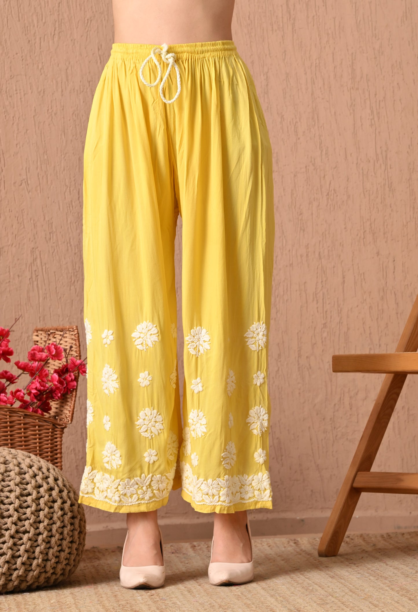Hand Embroidered Chikankari  Plazo Set 3d Work- Yellow