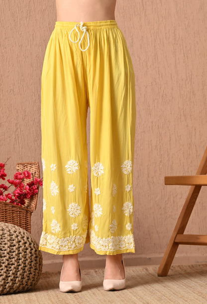 Hand Embroidered Chikankari  Plazo Set 3d Work- Yellow