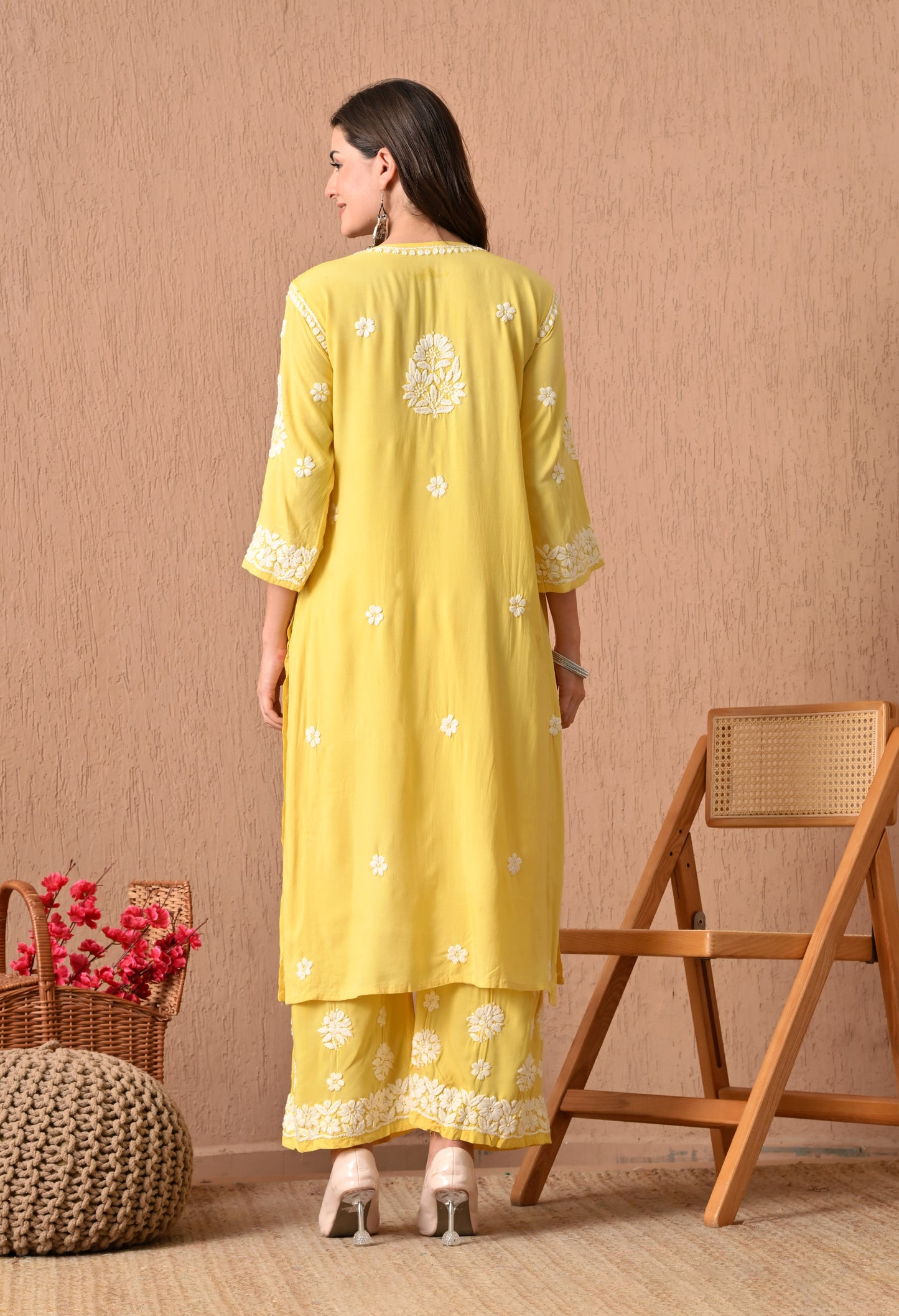 Hand Embroidered Chikankari  Plazo Set 3d Work- Yellow