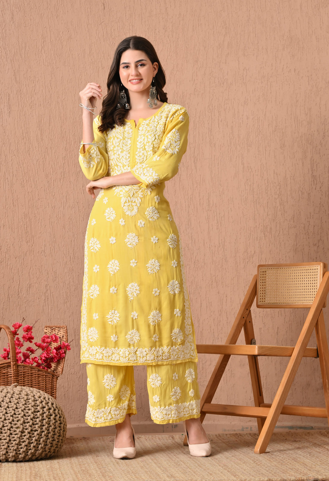 Hand Embroidered Chikankari  Plazo Set 3d Work- Yellow