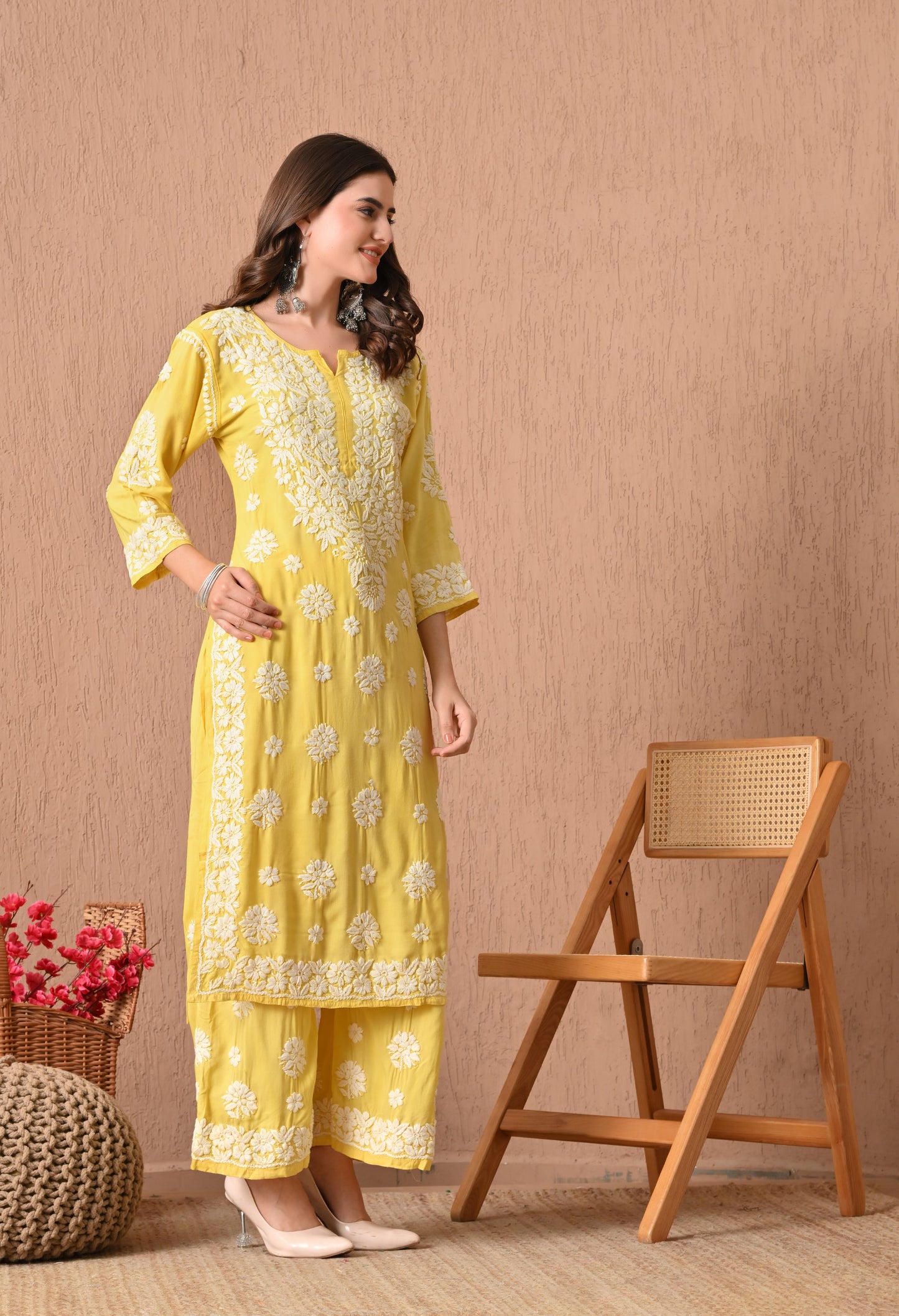 Hand Embroidered Chikankari  Plazo Set 3d Work- Yellow
