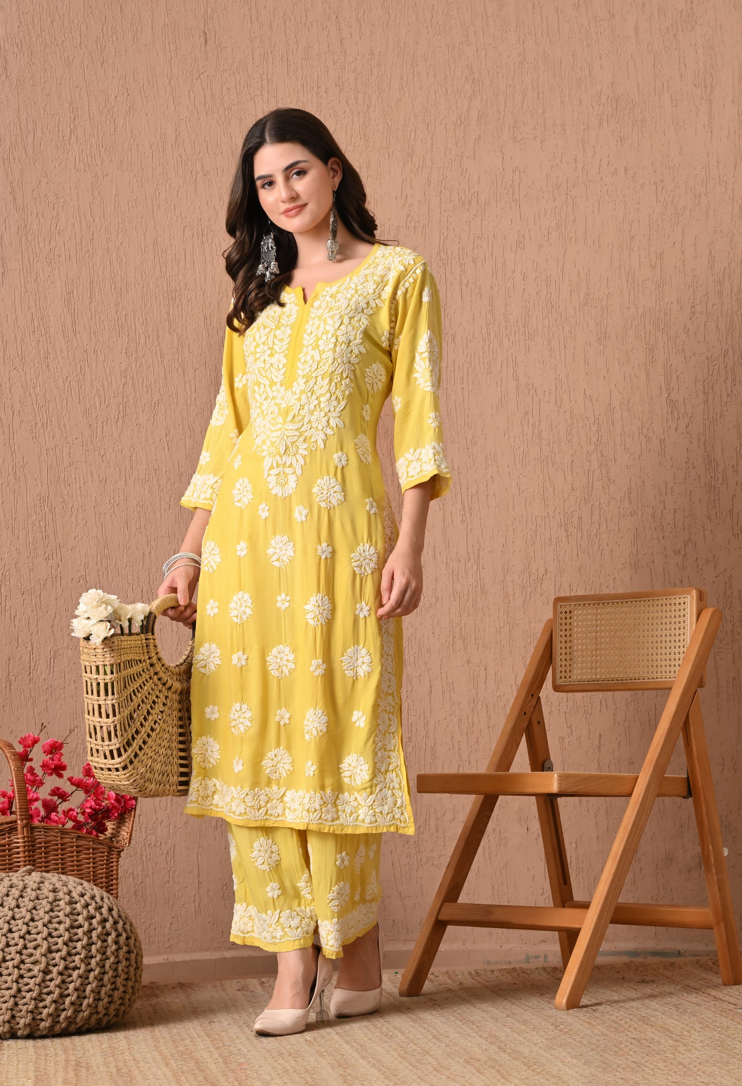 Hand Embroidered Chikankari  Plazo Set 3d Work- Yellow