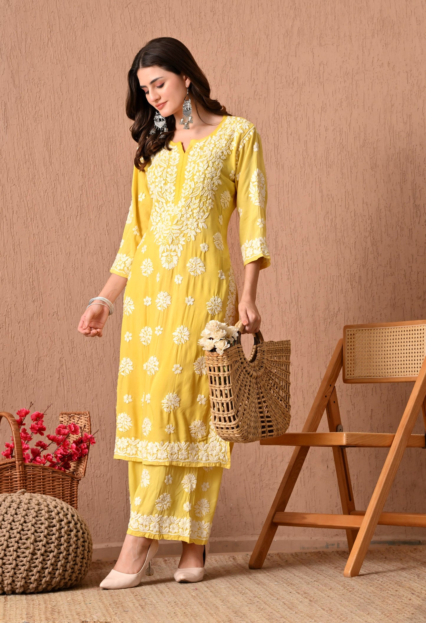 Hand Embroidered Chikankari  Plazo Set 3d Work- Yellow