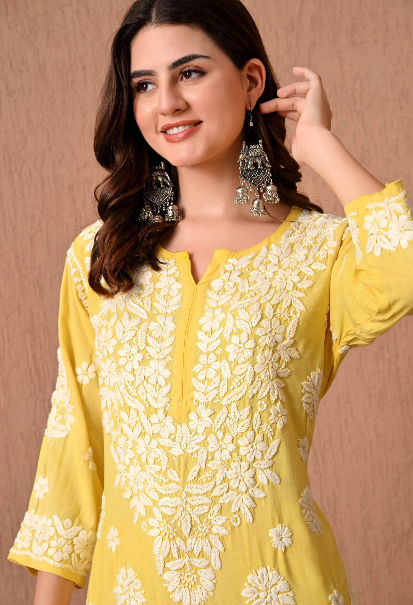 Hand Embroidered Chikankari  Plazo Set 3d Work- Yellow