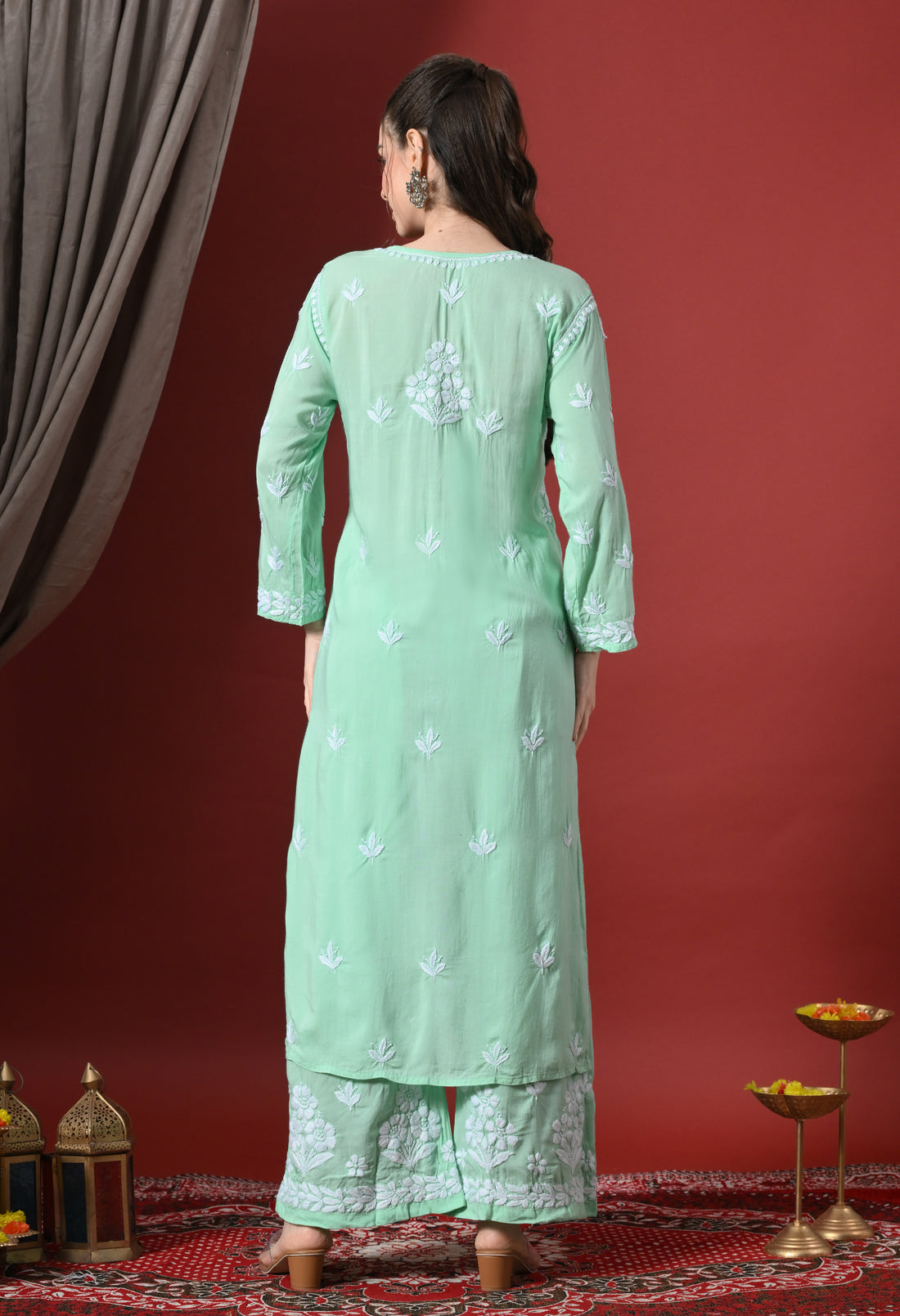 Premium Modal Chikankari Embroidered Set - Pista Green