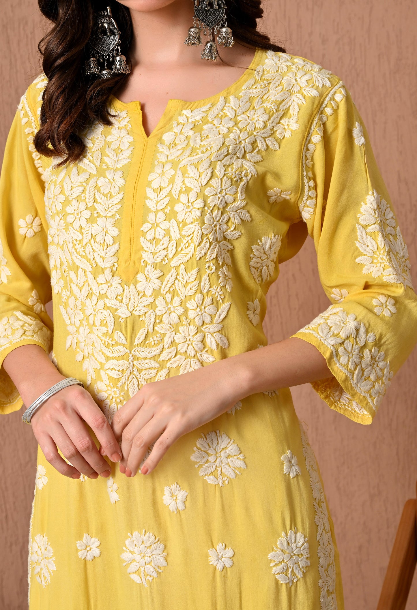 Hand Embroidered Chikankari  Plazo Set 3d Work- Yellow