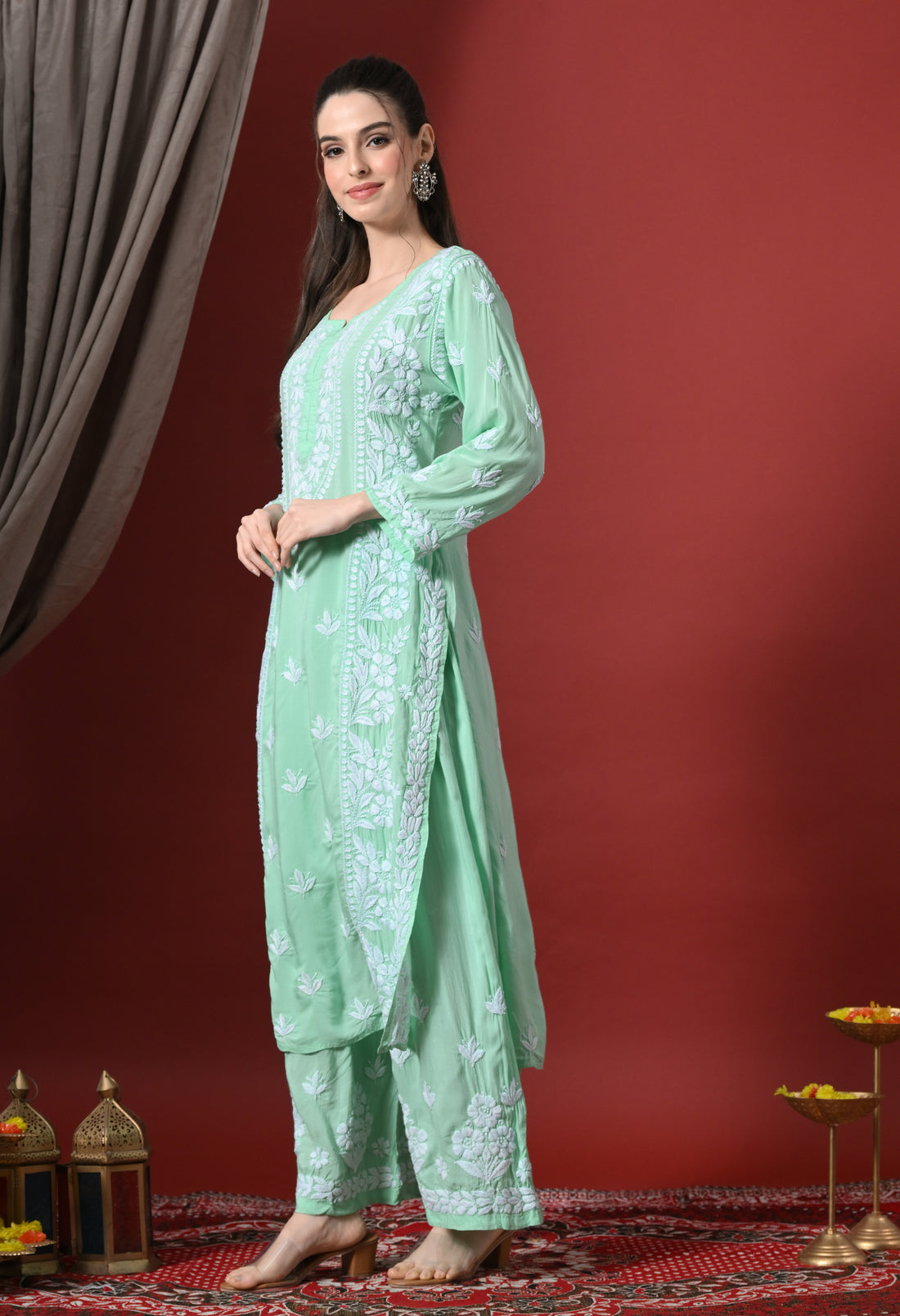 Premium Modal Chikankari Embroidered Set – Pista Green