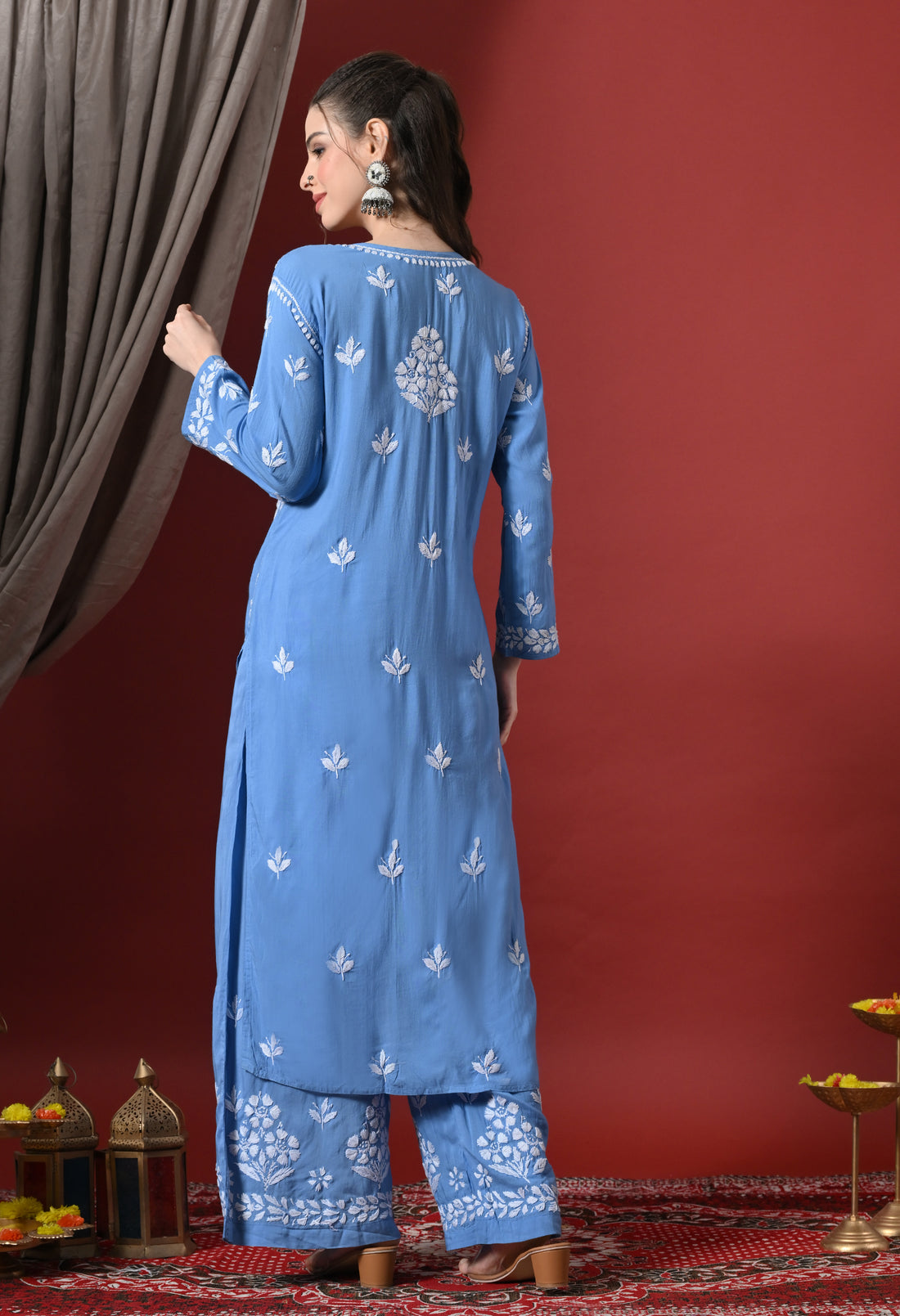 Premium Modal Chikankari Embroidered Set - Blue