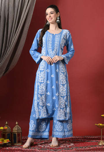 Premium Modal Chikankari Embroidered Set - Blue