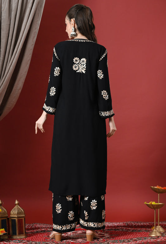 Syrish Elegance Handcrafted Rayon Chikankari Set-Orange