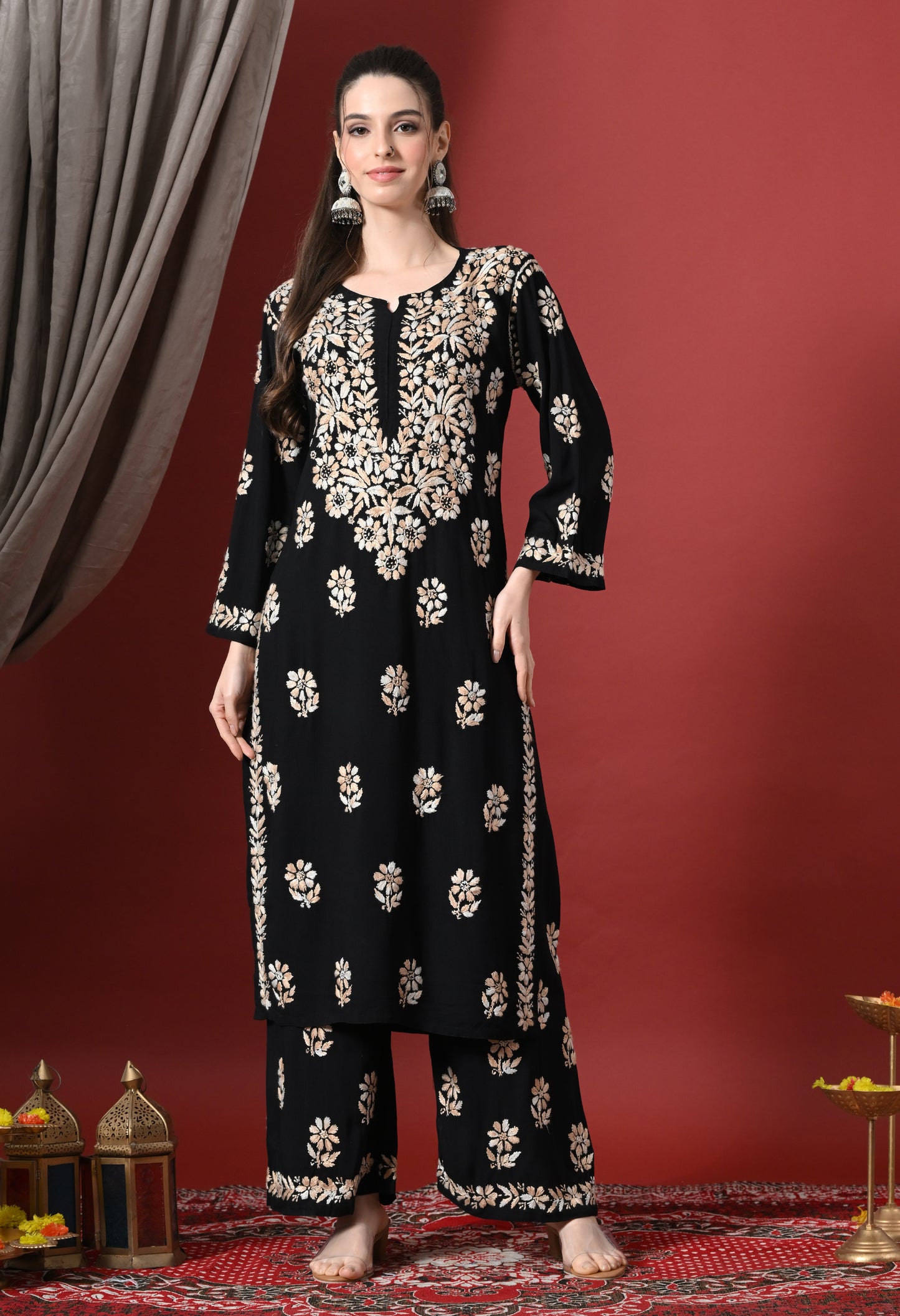 Syrish Elegance Handcrafted Rayon Chikankari Set-Orange