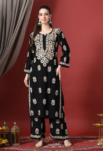 Syrish Elegance Handcrafted Rayon Chikankari Set-Orange