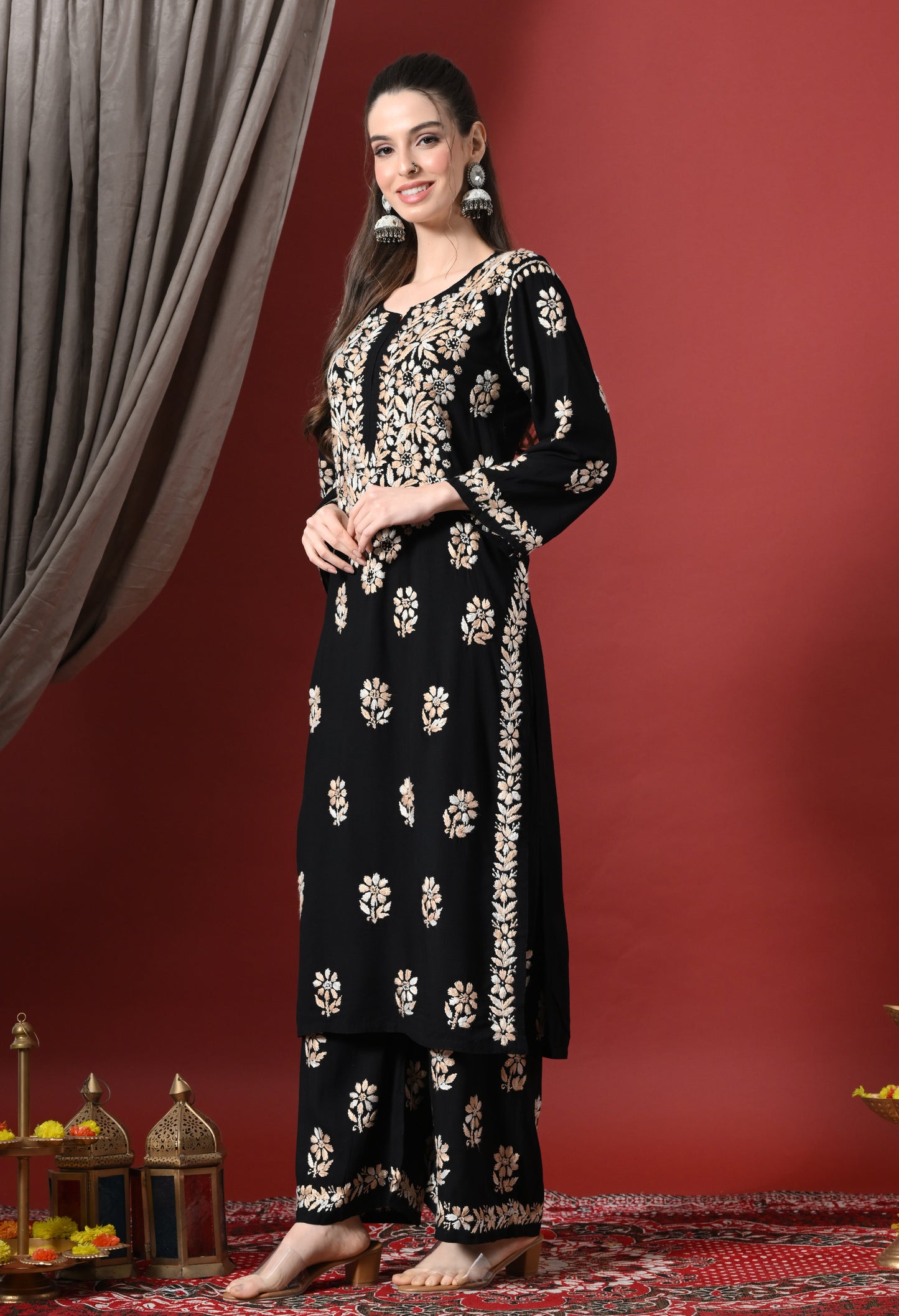 Syrish Elegance Handcrafted Rayon Chikankari Set-Orange