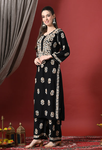 Syrish Elegance Handcrafted Rayon Chikankari Set-Orange