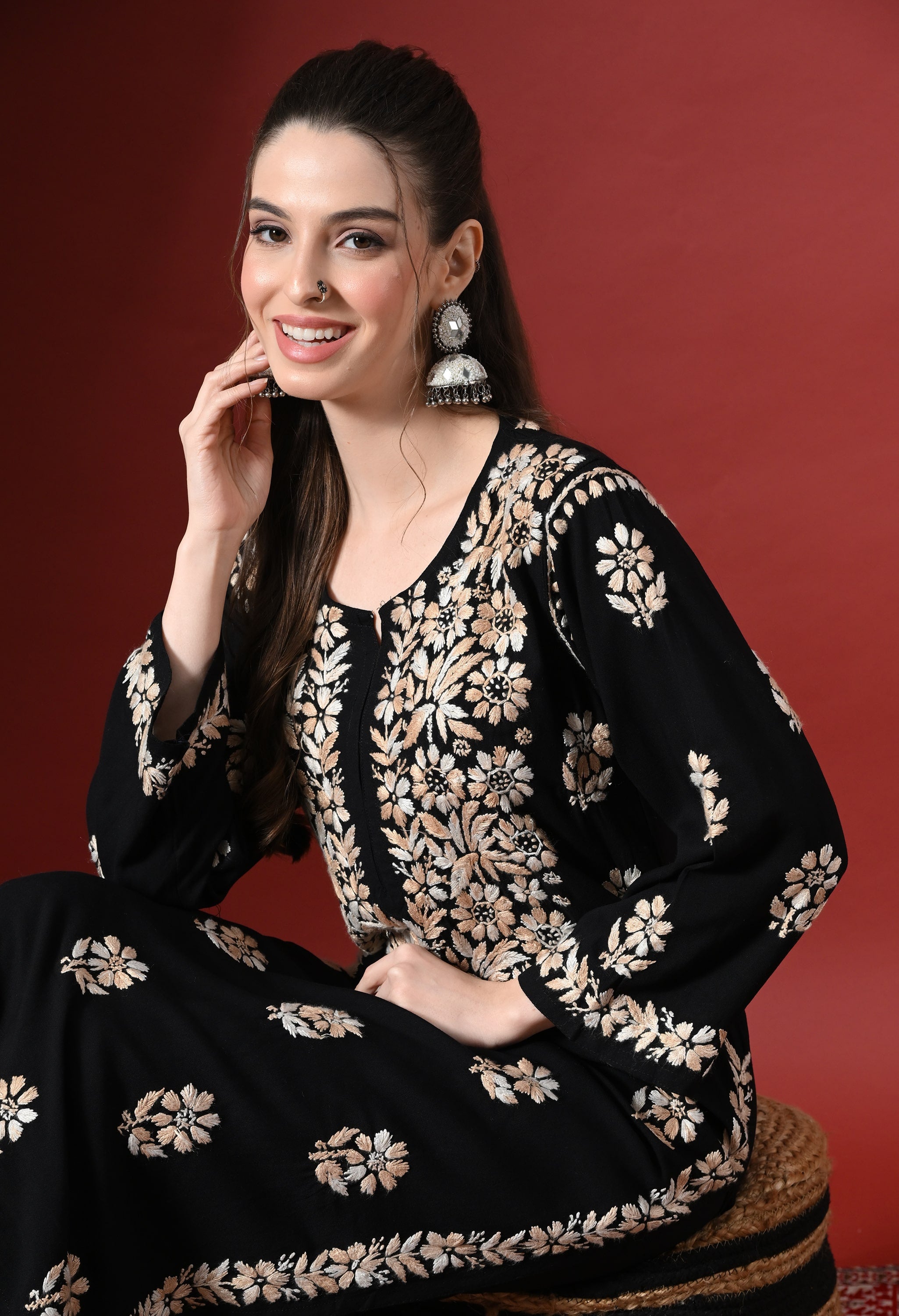 Syrish Elegance Handcrafted Rayon Chikankari Set – orange