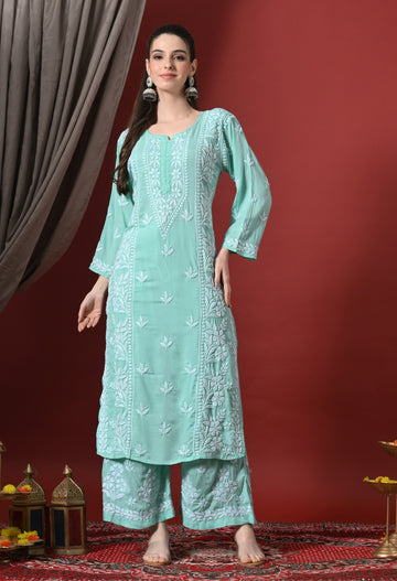 Premium Modal Chikankari Embroidered Set - Sea Green