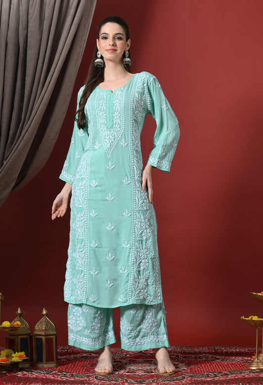 Premium Modal Chikankari Embroidered Set - Sea Green