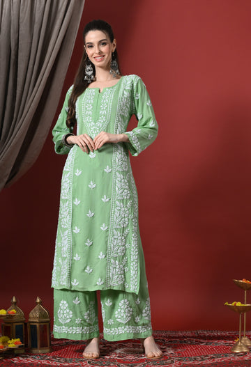 Premium Modal Chikankari Embroidered Set - Green