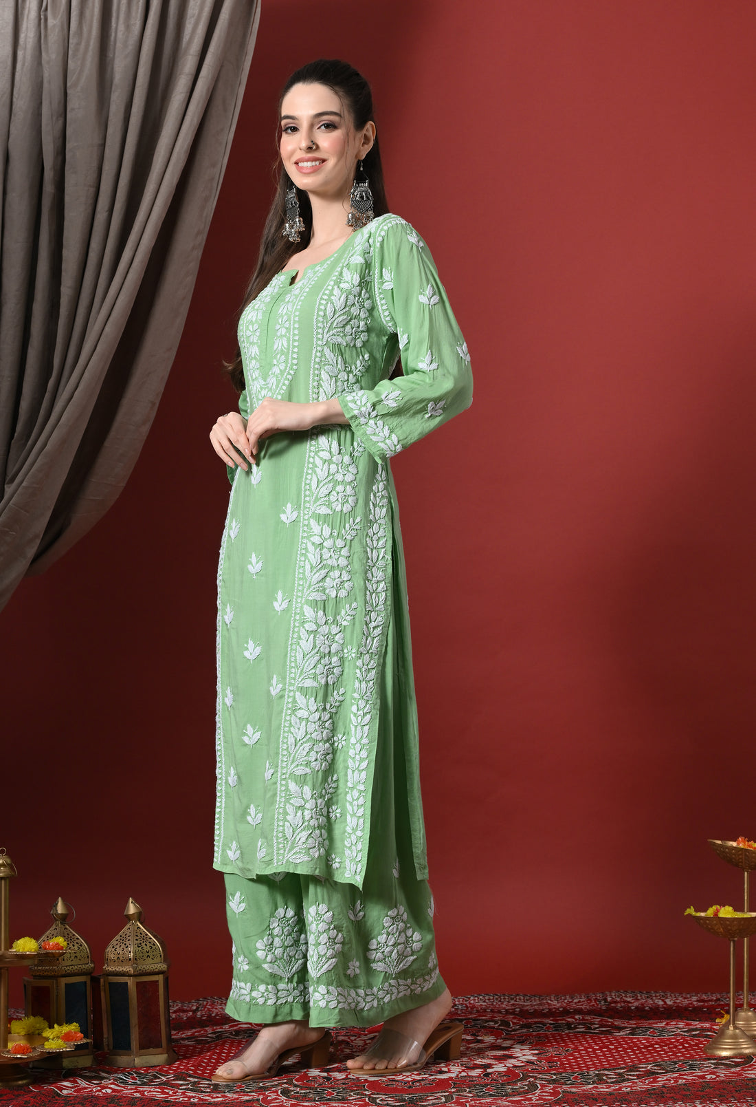Premium Modal Chikankari Embroidered Set – Green