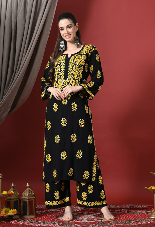 Syrish Elegance Handcrafted Rayon Chikankari Set-Yellow