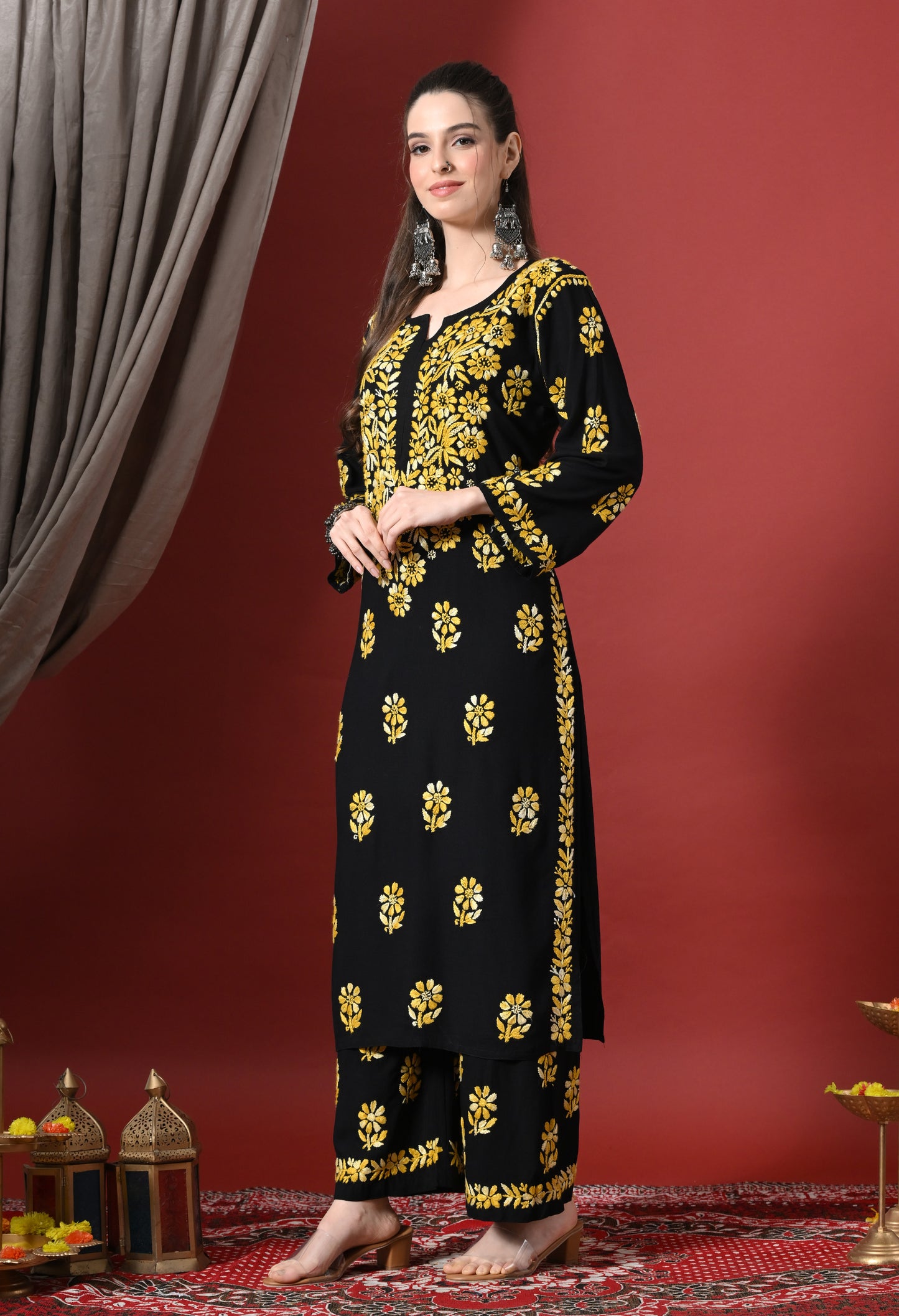 Syrish Elegance Handcrafted Rayon Chikankari Set-Yellow