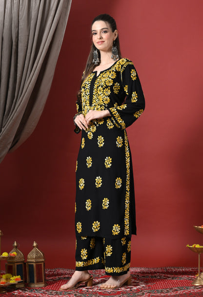 Syrish Elegance Handcrafted Rayon Chikankari Set-Yellow