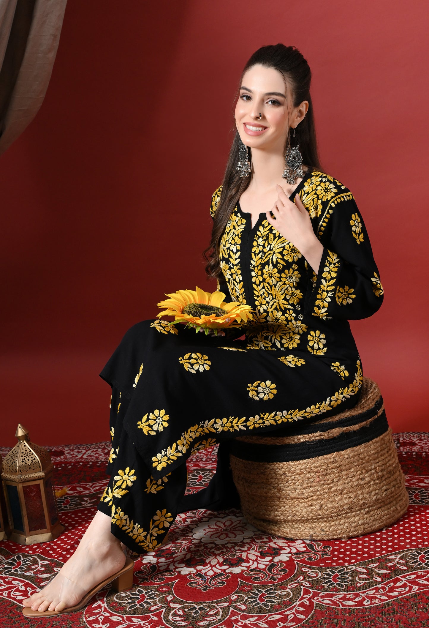 Syrish Elegance Handcrafted Rayon Chikankari Set-Yellow