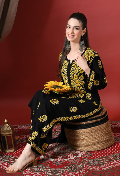 Syrish Elegance Handcrafted Rayon Chikankari Set-Yellow