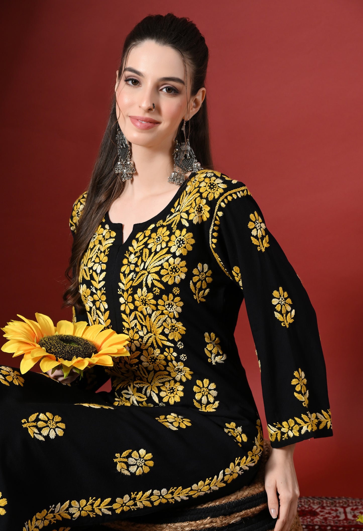 Syrish Elegance Handcrafted Rayon Chikankari Set-Yellow