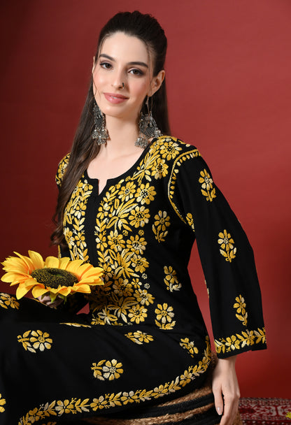 Syrish Elegance Handcrafted Rayon Chikankari Set-Yellow