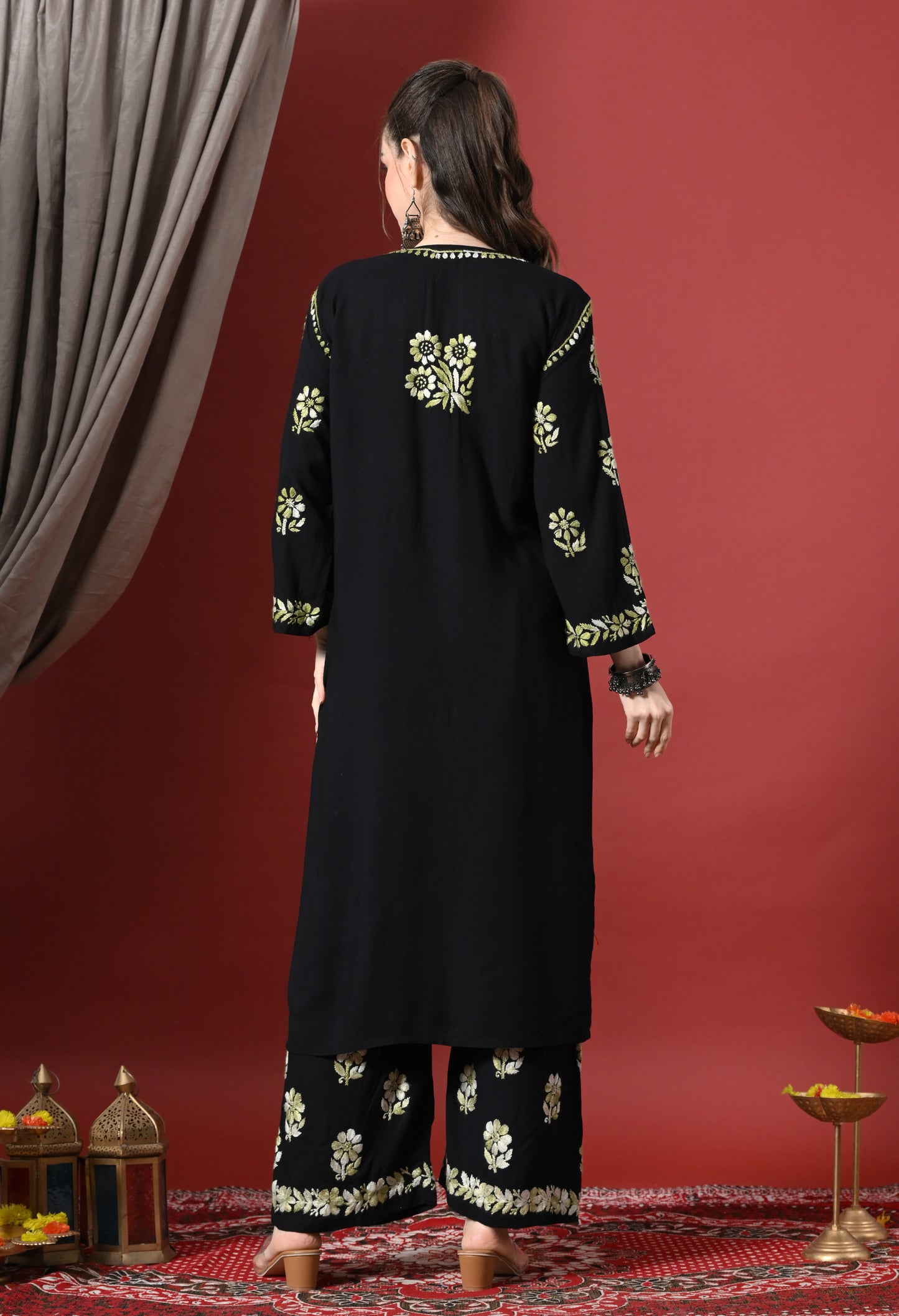 Syrish Elegance Handcrafted Rayon Chikankari Set-Green