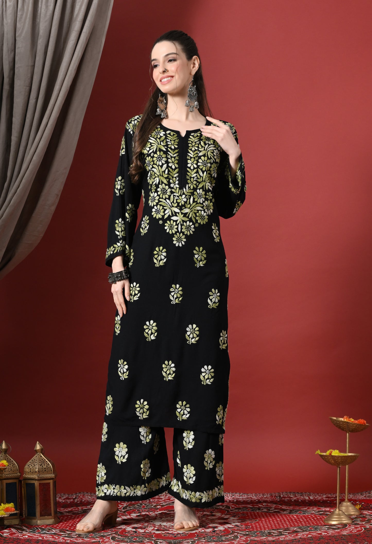 Syrish Elegance Handcrafted Rayon Chikankari Set-Green